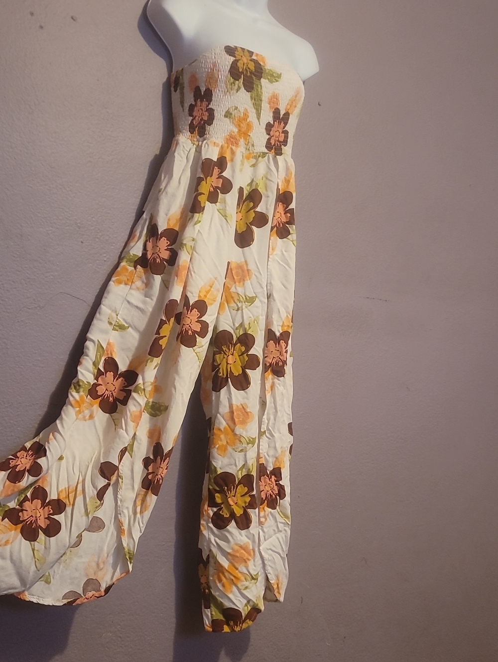 Justify Strapless Floral Wide-Leg Jumpsuit in Cream, Brown and Yellow